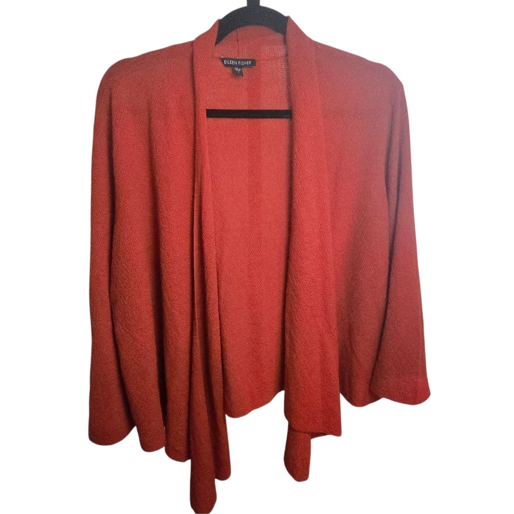 Eileen Fisher Rust Red Wool Open Front Cardigan Draped Knit Sweater Large